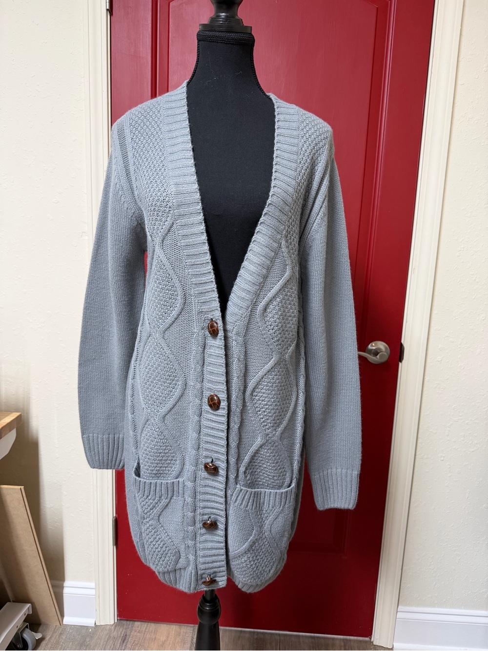 Long Cable-Knit Button Front Cardigan - Light Gray